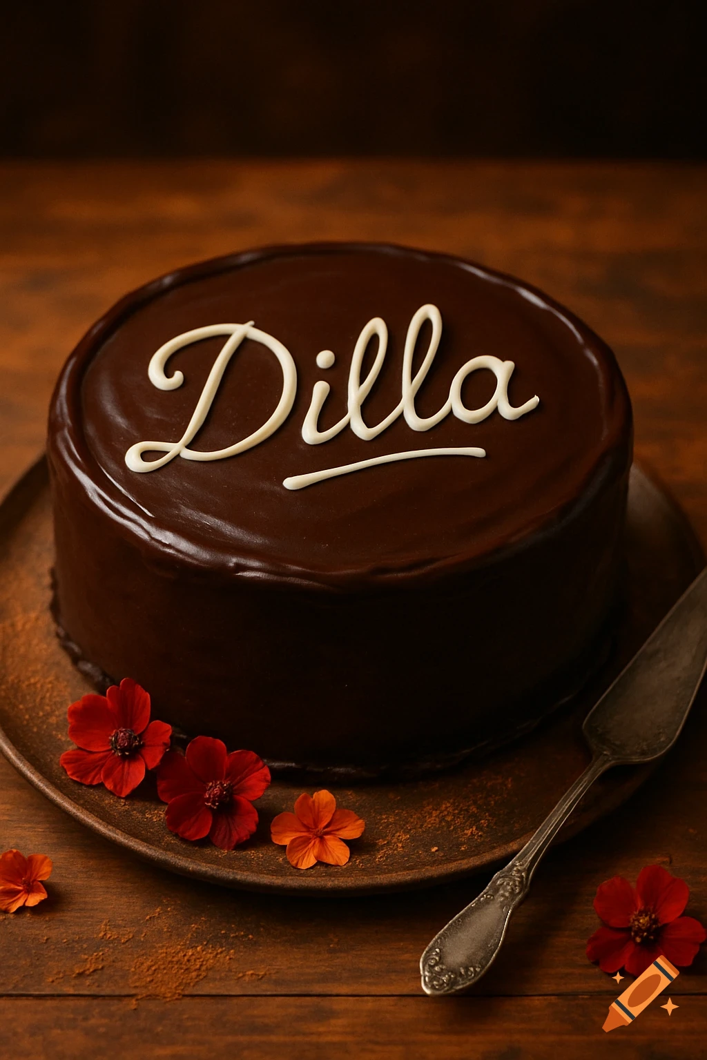A photorealistic dark chocolate cake with white icing spelling "Dilla", adorned with red flowers and a cake server on a wooden surface.