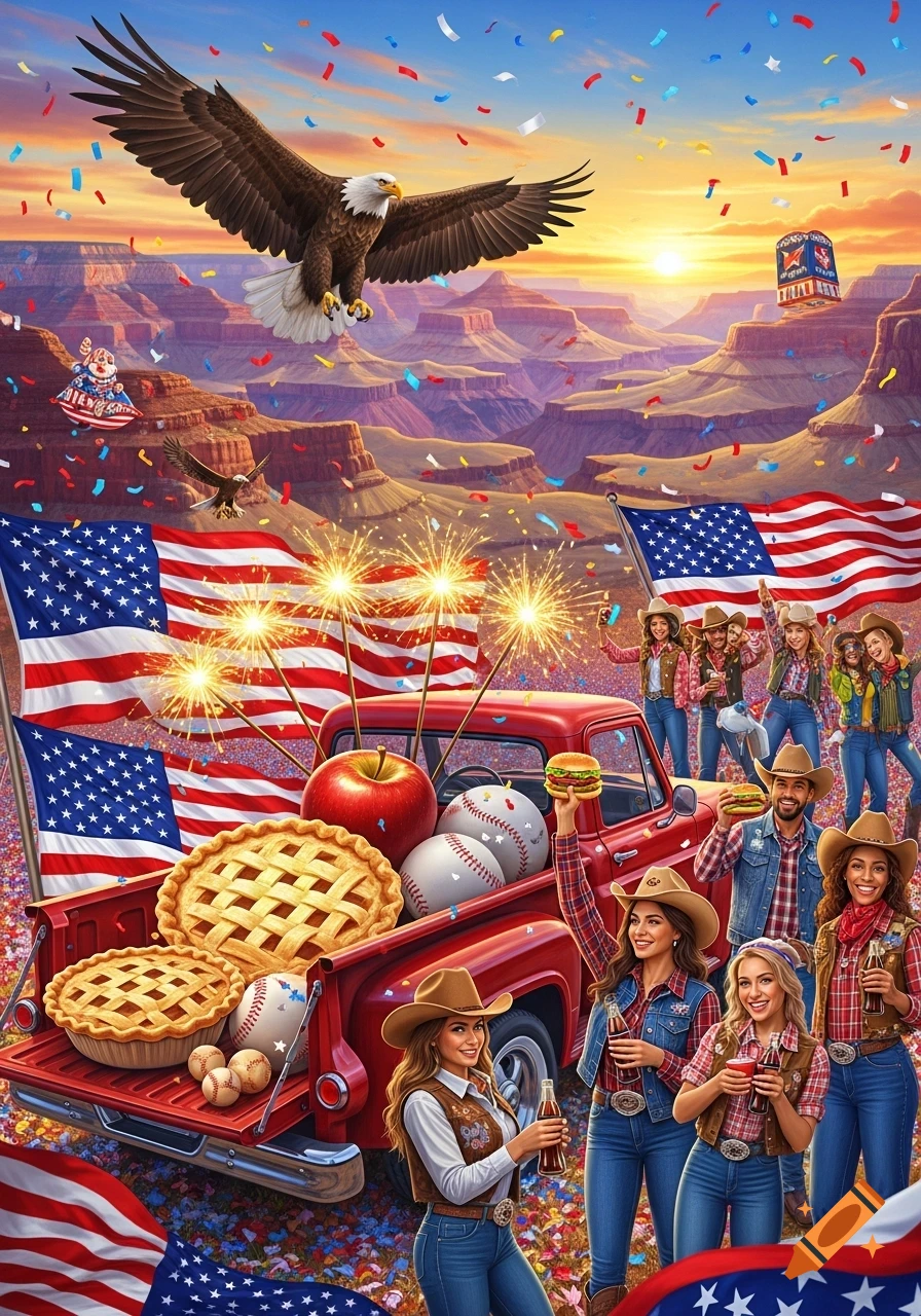 A collage of American stereotypes with an eagle flying over a desert canyon, people celebrating with flags, fireworks, pies, baseballs, and burgers.