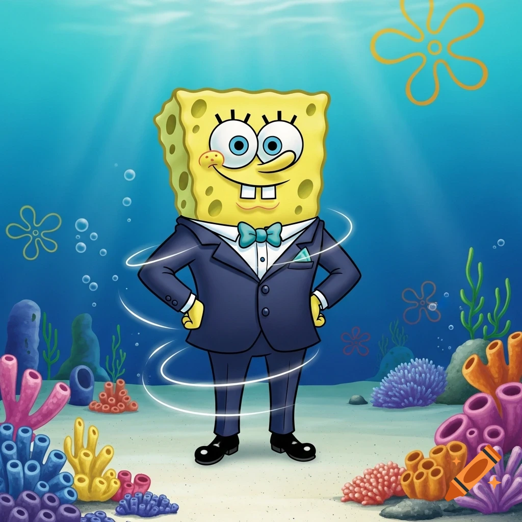 Cartoon Spongebob Squarepants in a dark blue suit and bow tie, smiling underwater amidst colorful coral.