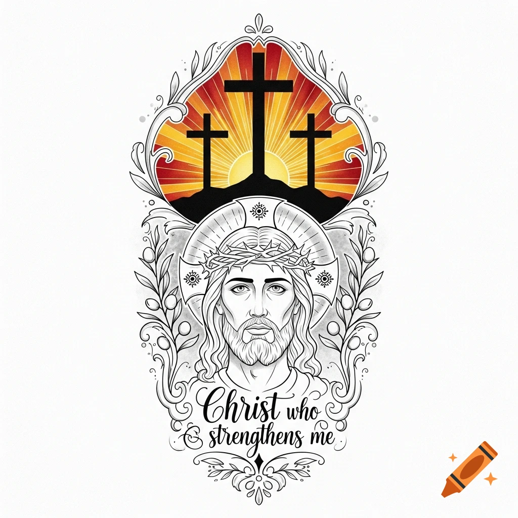 Line art of Jesus in a crown of thorns, framed by decorative elements, below three crosses on a hill with a sunset, and the text 'Christ who strengthens me'.