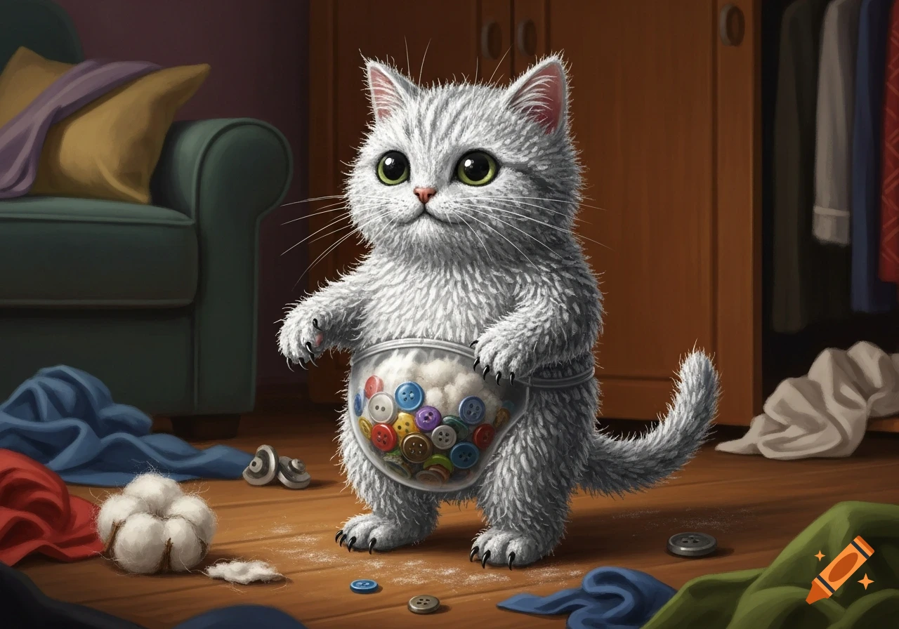A fluffy, grey, cat-like creature with big green eyes stands upright, holding a clear pouch filled with colorful buttons and cotton in a messy room.