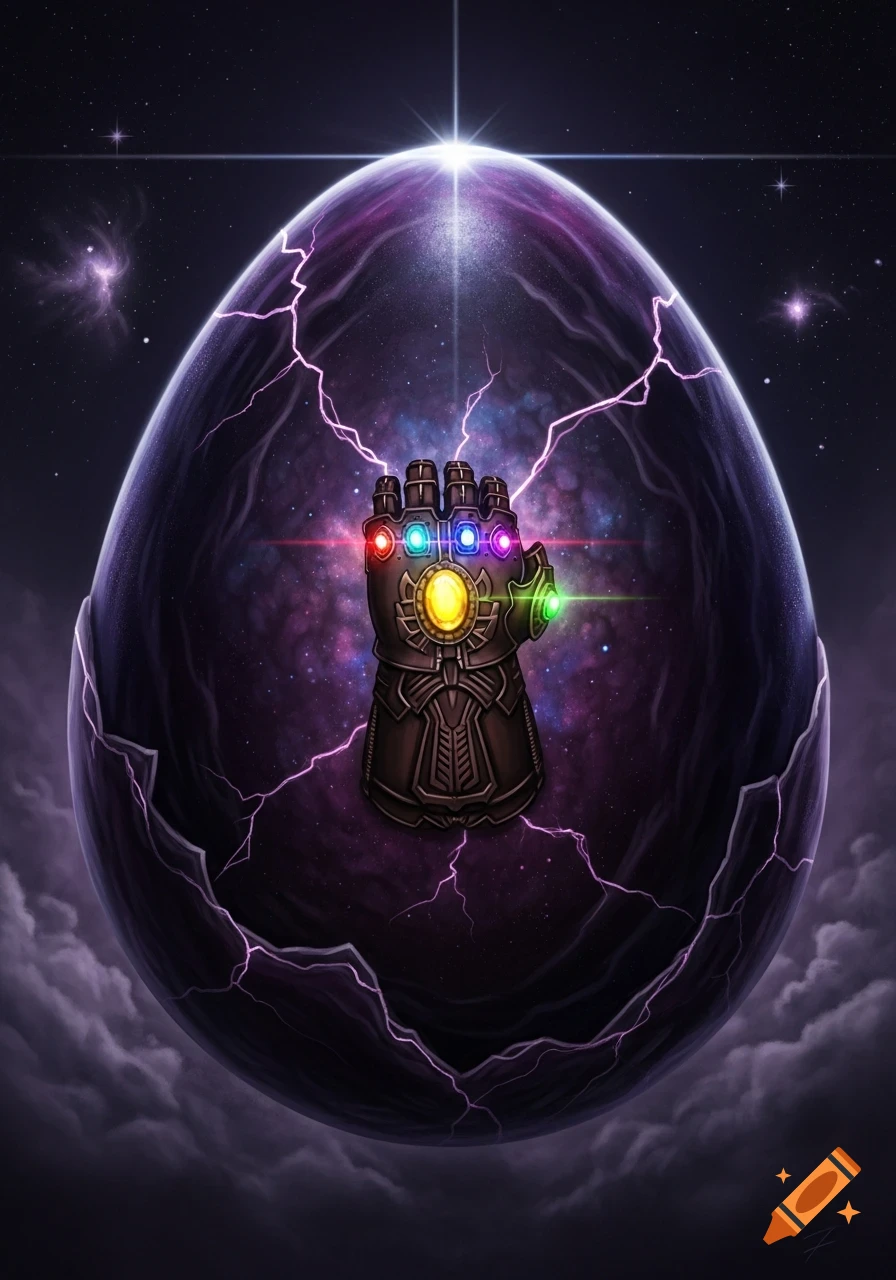 The Infinity Gauntlet with glowing gems is centered within a cracked, dark purple cosmic egg, surrounded by stars and nebulas in deep space.