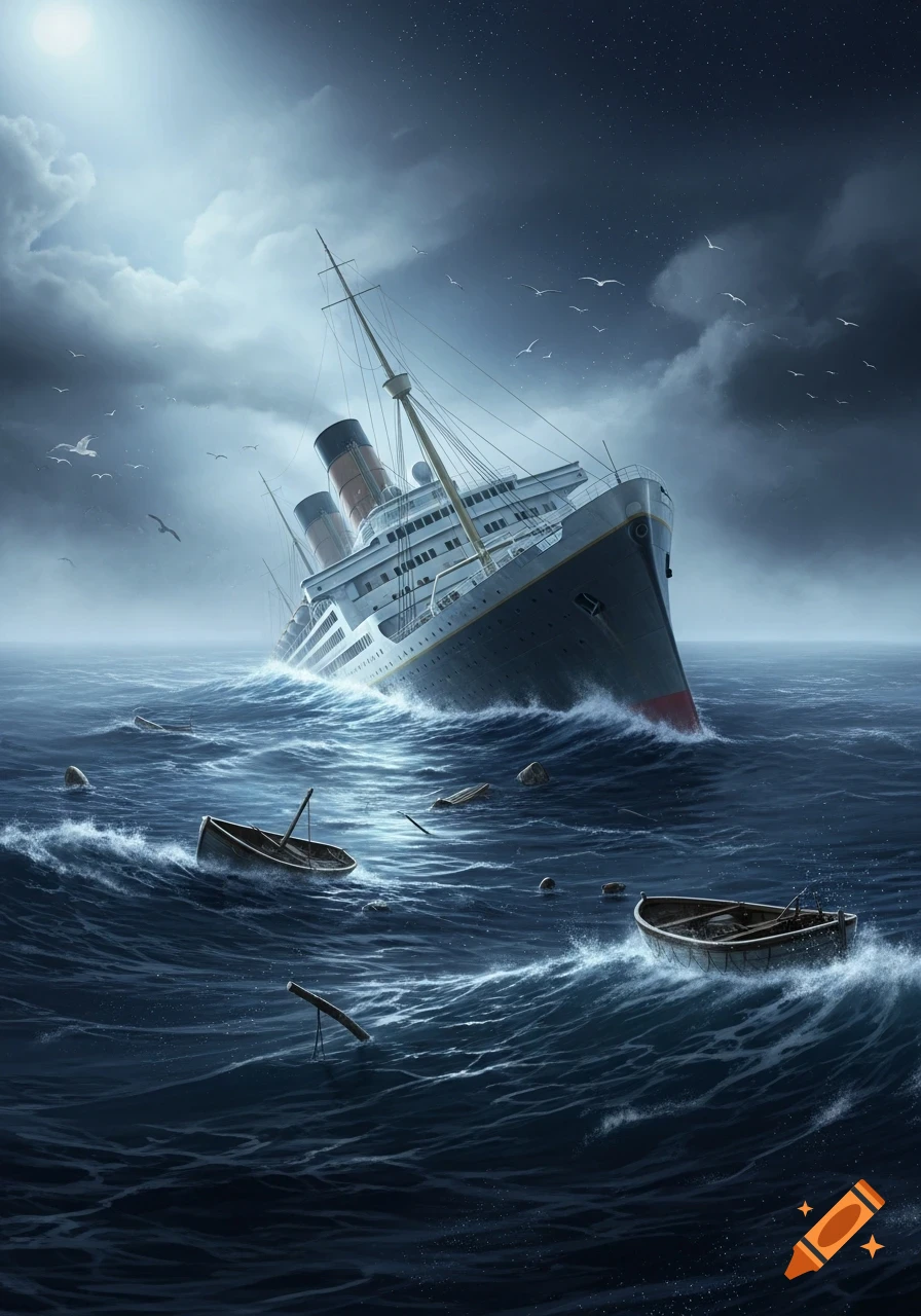 An ocean liner with two smokestacks sinking into stormy dark blue waters under a cloudy, moonlit sky. Several small, empty rowboats float among the waves.