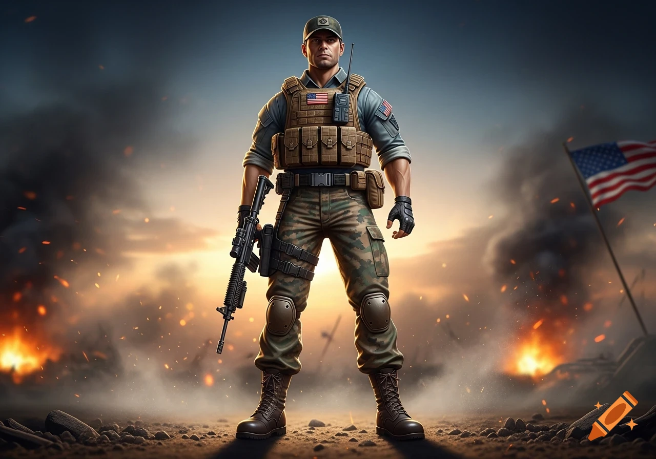A photorealistic illustration of a heroic soldier in tactical gear holding a rifle on a smoky battlefield with an American flag.