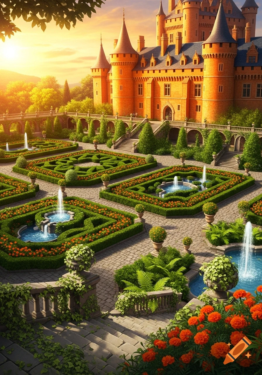 A vibrant orange castle with multiple turrets overlooks a meticulously maintained green garden with fountains and colorful flowers under a warm sunset sky.