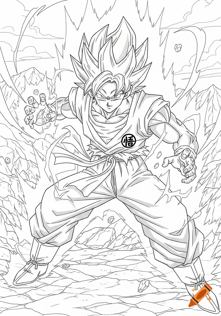 Line art coloring page of Goku with spiky hair in a dynamic fighting pose, emitting energy against a rocky background.