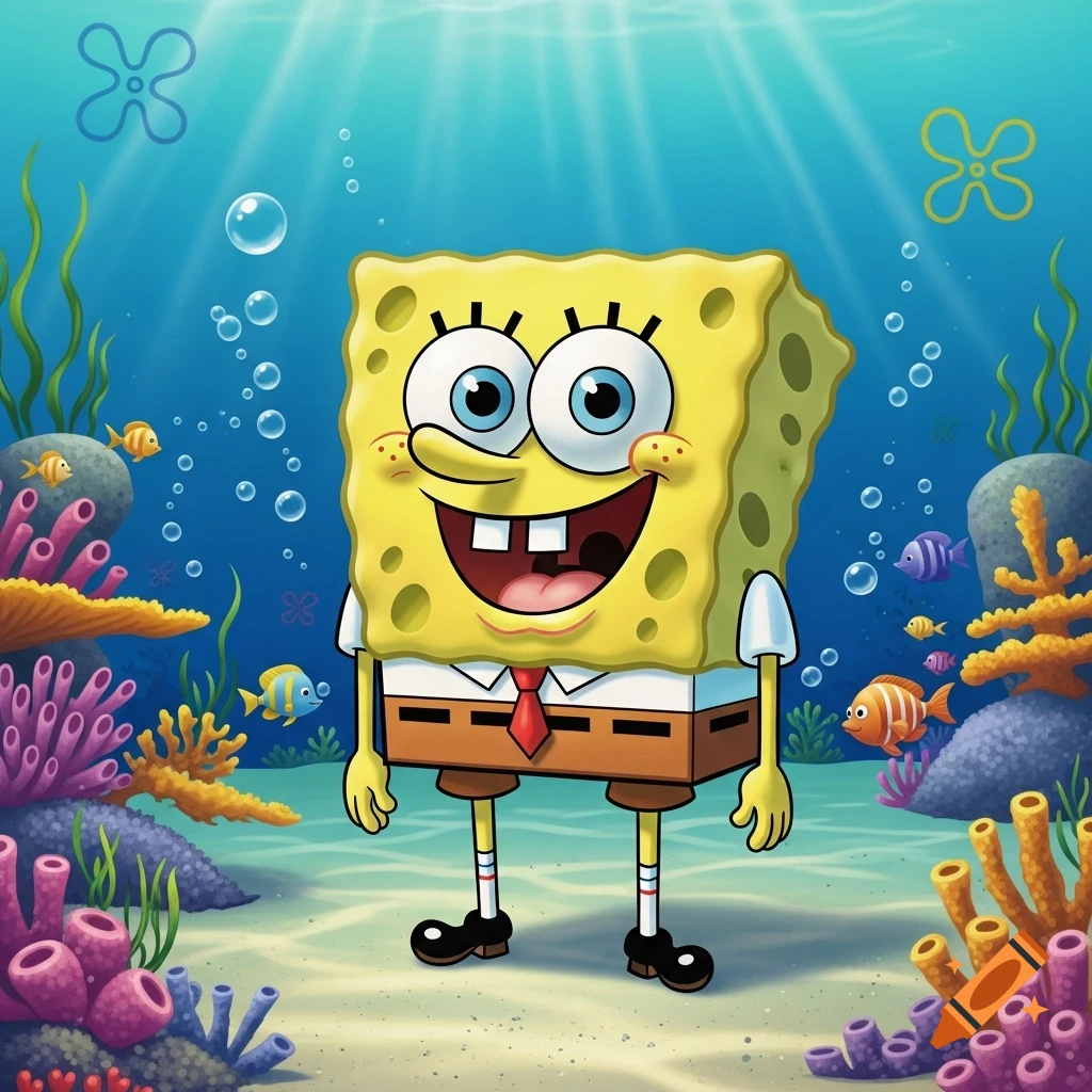 Spongebob Squarepants smiles widely in a vibrant underwater scene with coral and fish.