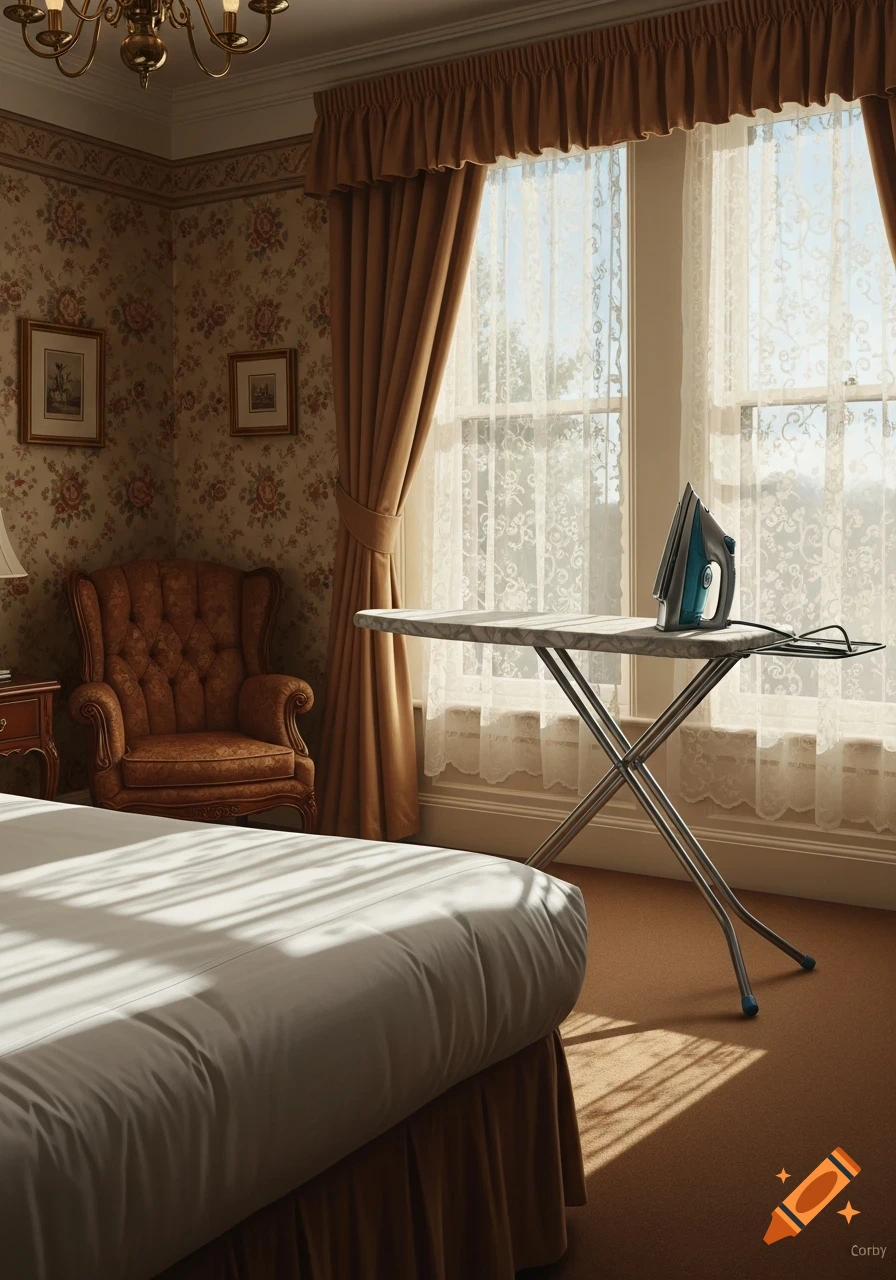 A bright hotel room with an ironing board and iron in front of a large window, a bed, and an armchair.