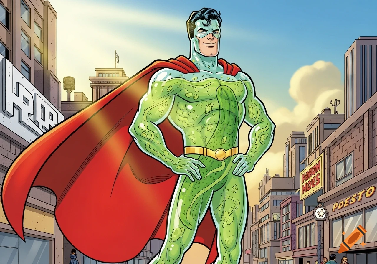 A cartoon superhero with a red cape and a green, translucent, liquid-filled suit stands in a city. Comic art style.