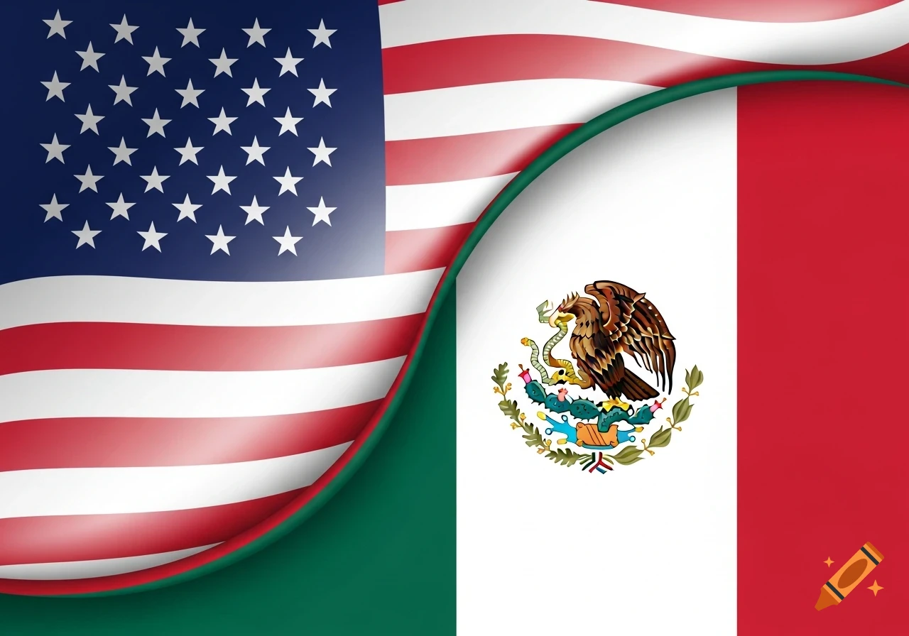 The United States flag on the left morphs into the Mexican flag on the right, separated by a wavy green line.