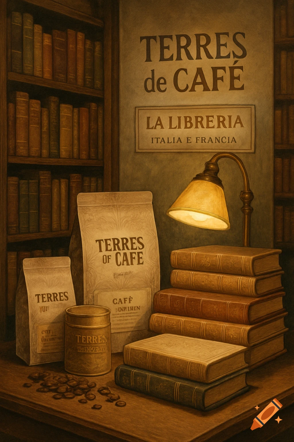 Vintage still life of coffee products and books on a table with a brass lamp, against a bookshelf and a wall sign for Terres de Café and La Libreria.