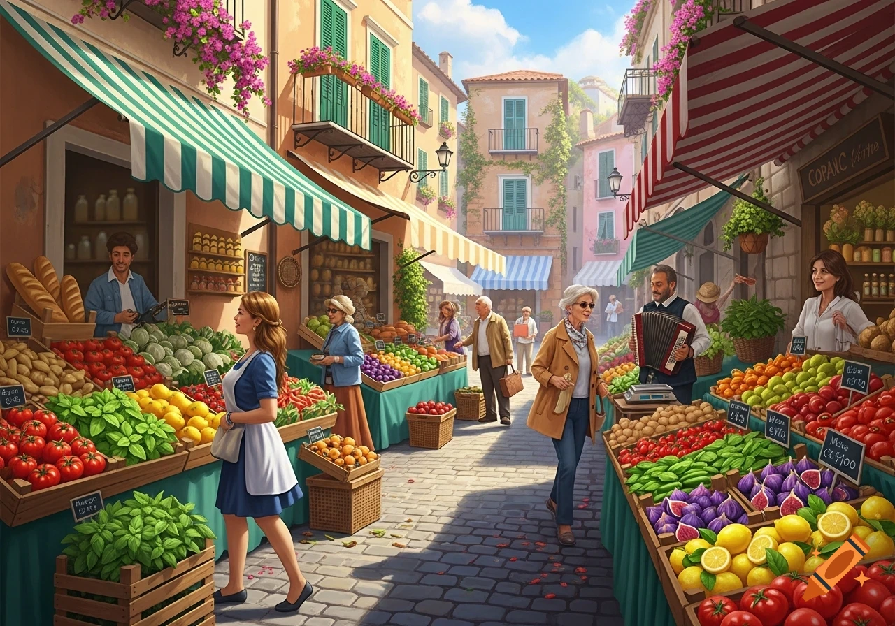 An illustrative market scene in an Italian town, with people browsing vibrant stalls filled with fruits and vegetables, and a man playing an accordion.