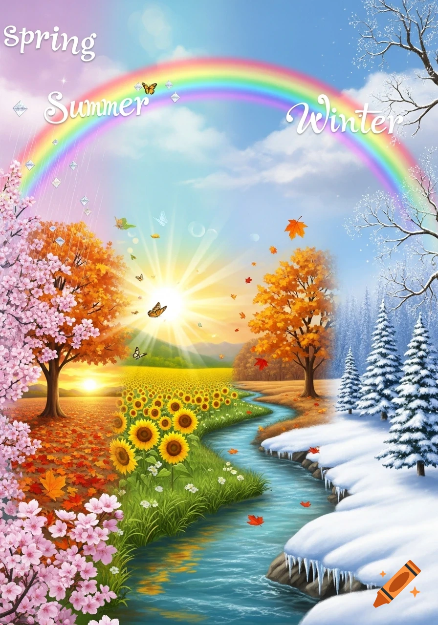 A vibrant fantasy landscape depicting the four seasons, with spring flowers, summer sunflowers, autumn leaves, and winter snow, under a rainbow.