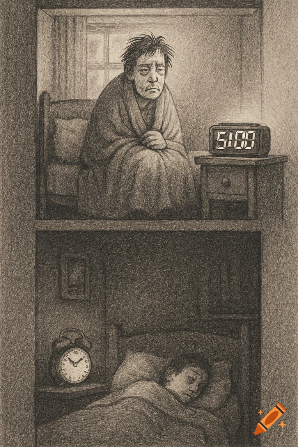 Pencil drawing of a tired person sitting awake on an upper floor with a digital clock at 5:00, while a person sleeps below with an analog clock showing 5:00.