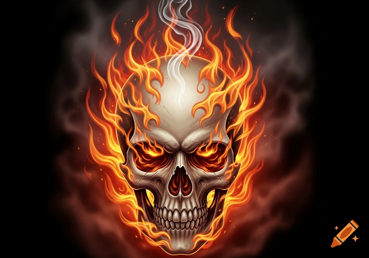 A stylized flaming skull with glowing orange eyes and smoke emanating from the top, set against a dark background in a tattoo art style.