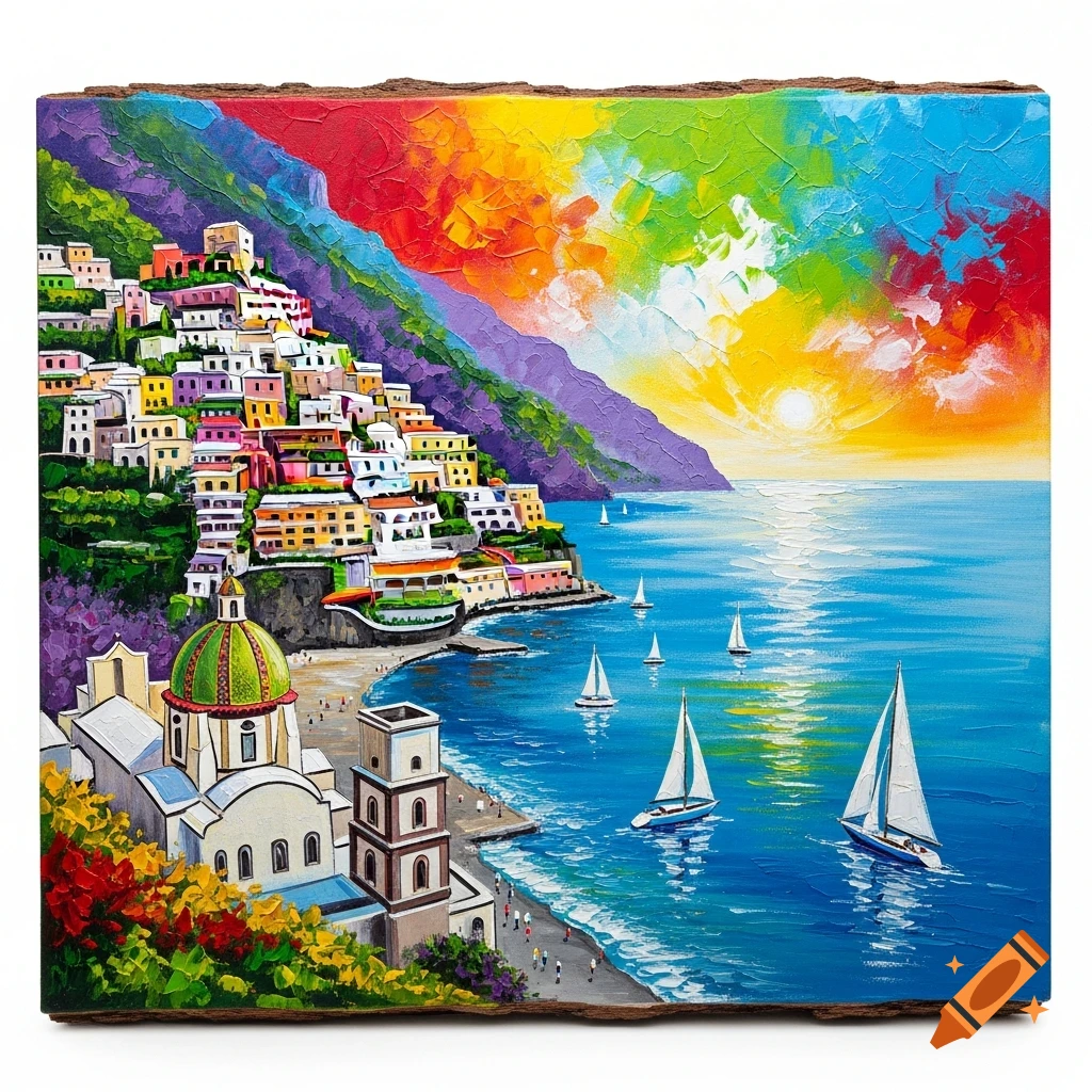 Vibrant painting of a coastal town with colorful houses, a green-domed church, and sailboats on the sea under a rainbow sky.