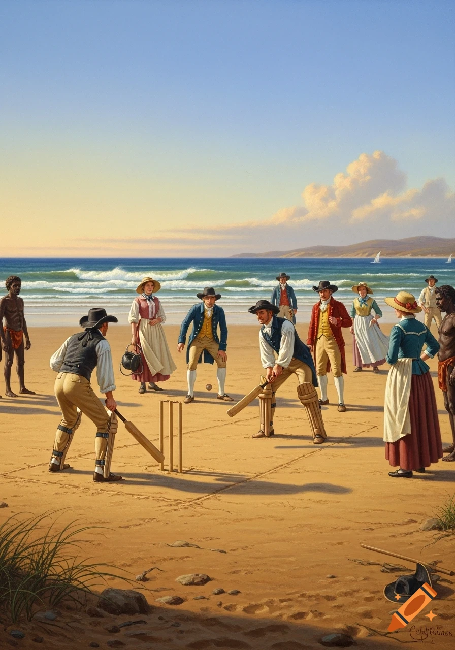 Historical painting of British colonists playing cricket on a beach in 18th-century Australia, with indigenous people observing.