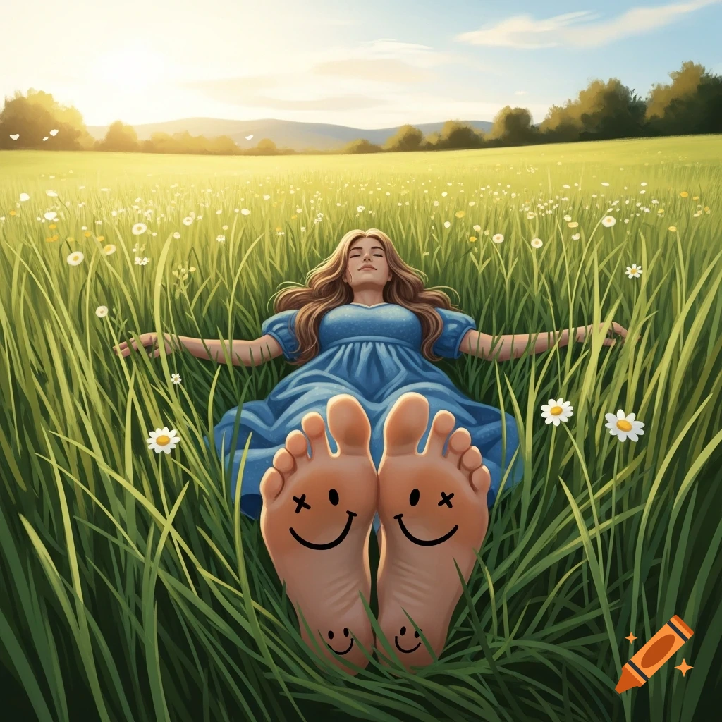 A woman in a blue dress lies in a field of tall grass with daisies, her bare feet facing the camera, each with two black smiley faces drawn on the soles. The scene is bright and peaceful.