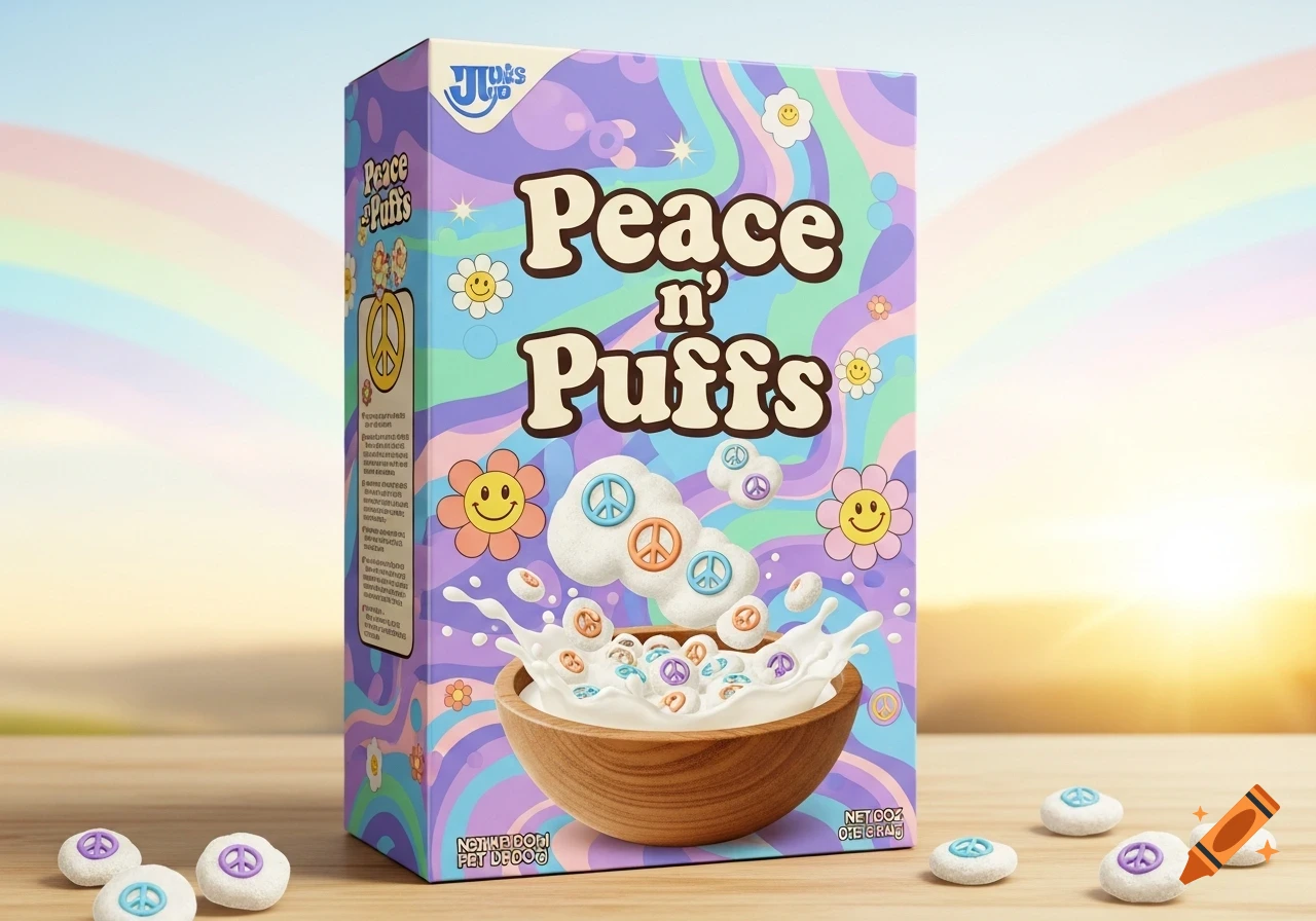 A colorful cereal box for "Peace n' Puffs" with a groovy design, peace signs, and smiley flowers, next to a bowl of cereal and milk.