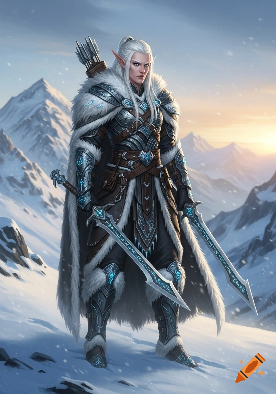 An elven hunter in snow-white fur and dark armor, holding two glowing swords, stands in a snowy mountain landscape at sunrise.