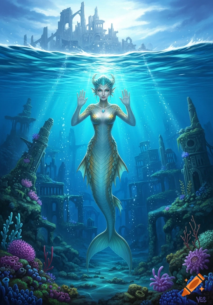Fantasy art of a mermaid with raised hands in a sunken city with coral, sunlight, and ruins breaking the water's surface.