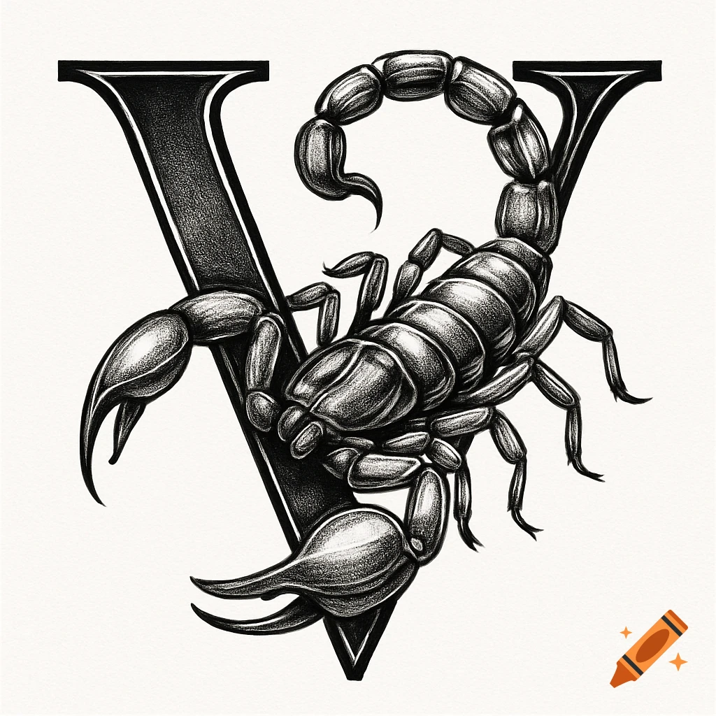 Black and white tattoo-style illustration of a scorpion wrapped around a capital letter V.