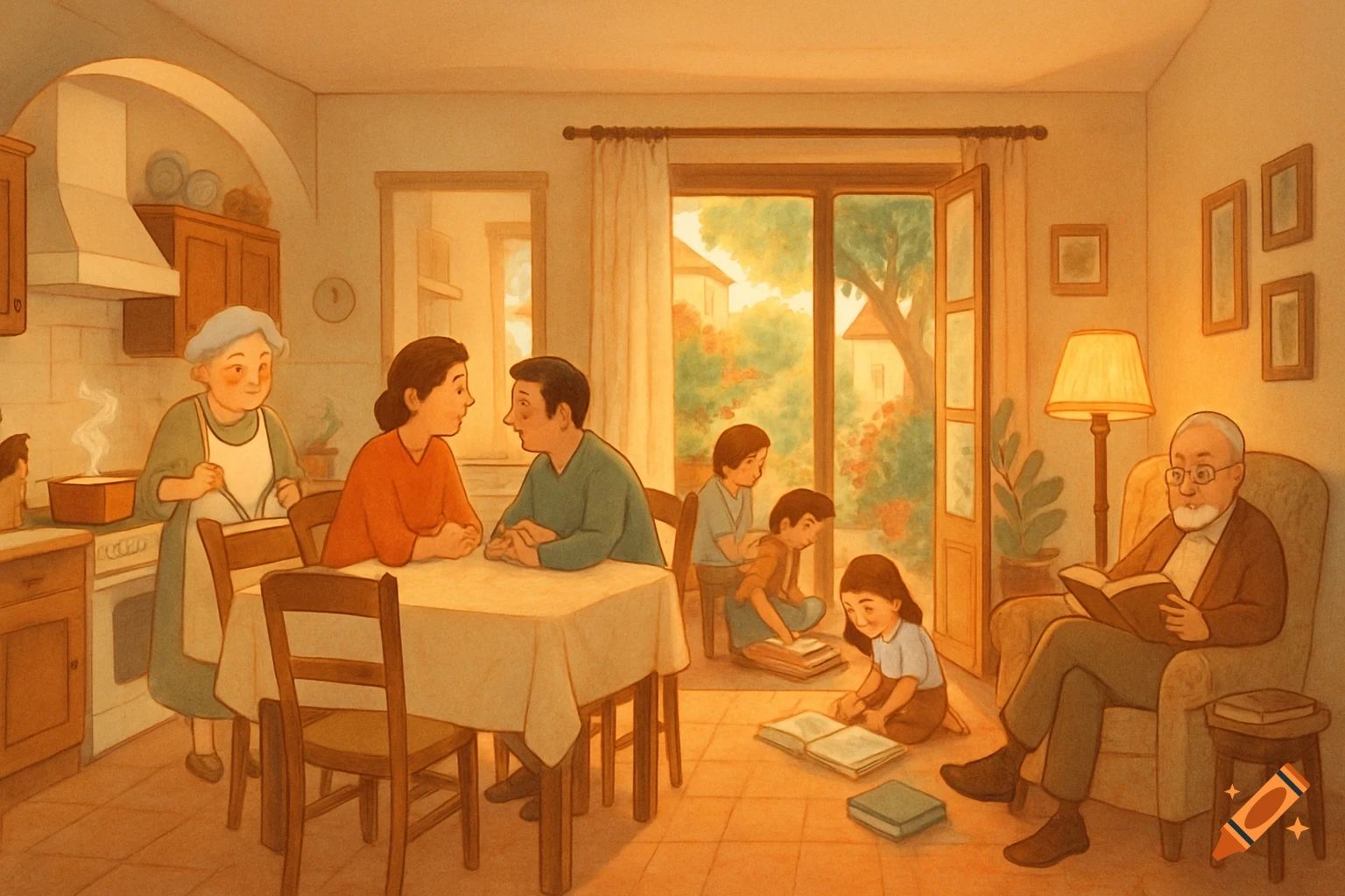 A multi-generational family gathered in a warm, illustrative indoor scene. A grandmother cooks, parents talk, children read, and a grandfather reads in a chair.