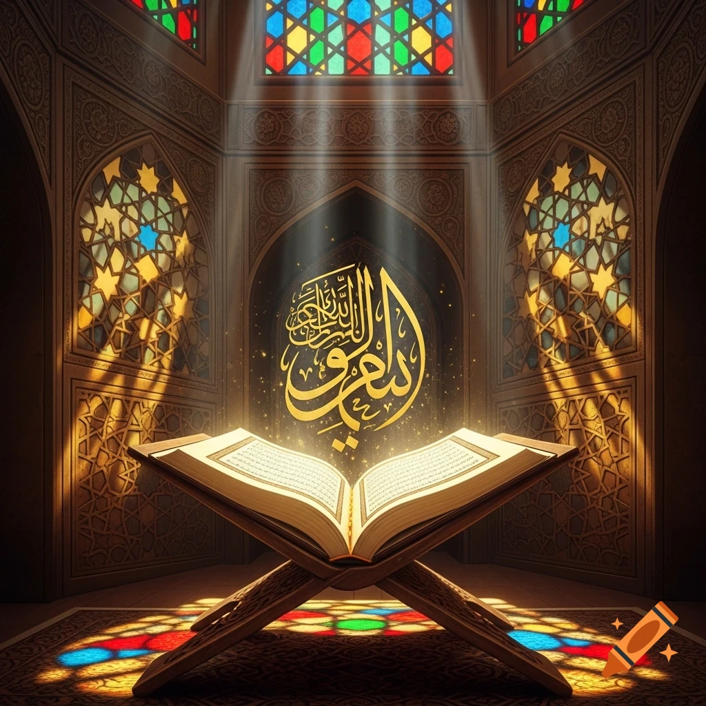 An ornate interior with an open holy book on a stand, bathed in light rays filtering through colorful stained-glass windows, with glowing Arabic calligraphy on an archway.