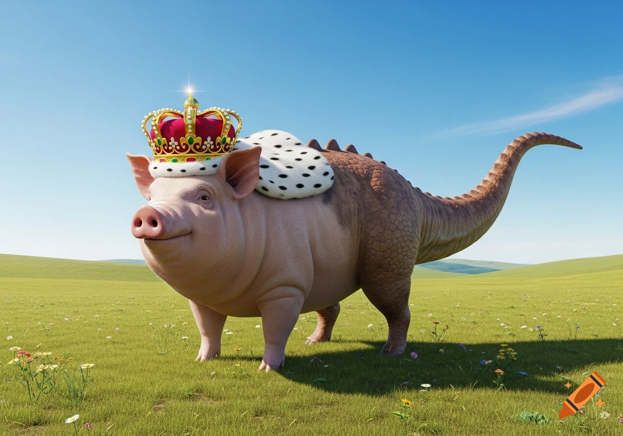 A smiling pig with a dinosaur tail and a golden crown stands in a green field under a blue sky.
