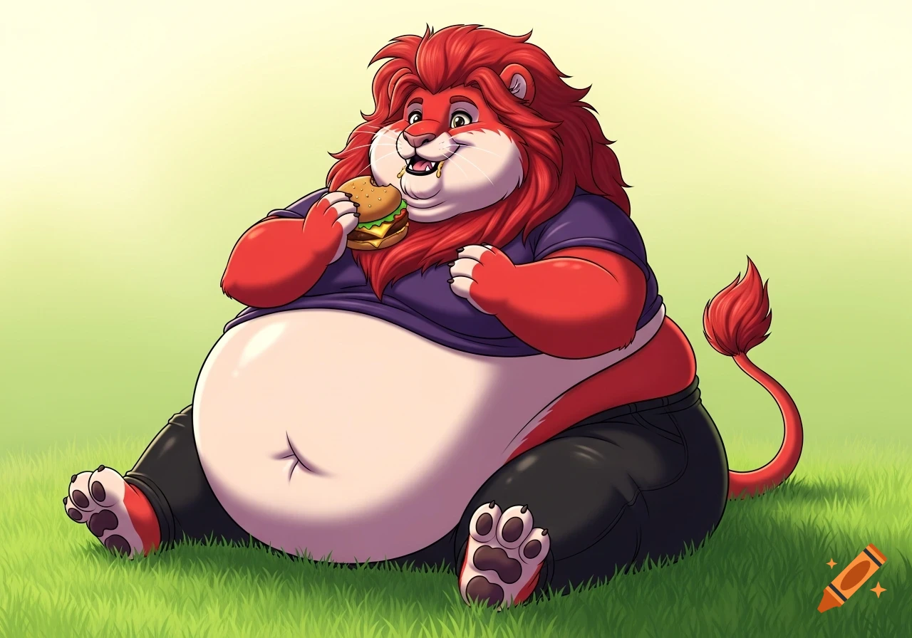 An extremely obese red lion character with a purple belly, black pants, and small limbs sits on green grass, happily eating a burger.