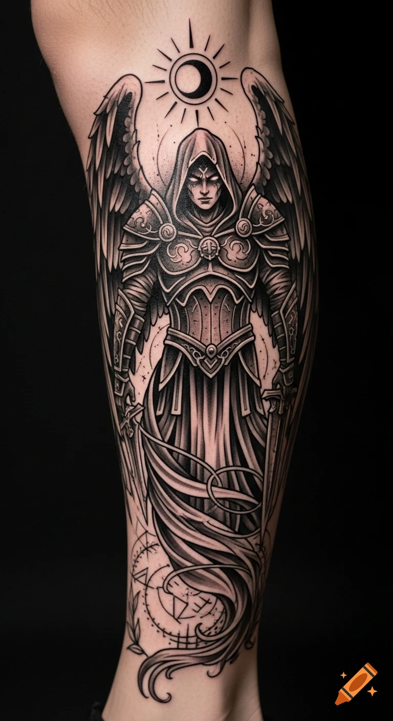 Black and white tattoo design of a hooded warrior angel with large wings, holding two swords, on a leg.