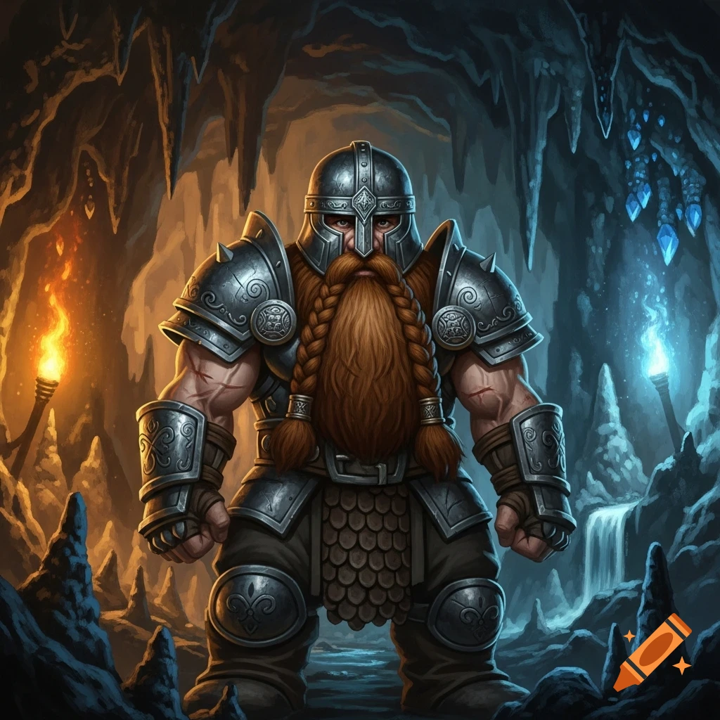 A strong dwarf in detailed armor with a long braided beard stands in a glowing cave with torches and crystals.