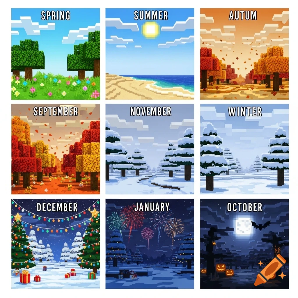 A 3x3 grid of Minecraft-style pixel art scenes showing seasons and months like Spring, Summer, Autumn, Winter, Halloween, and Christmas.
