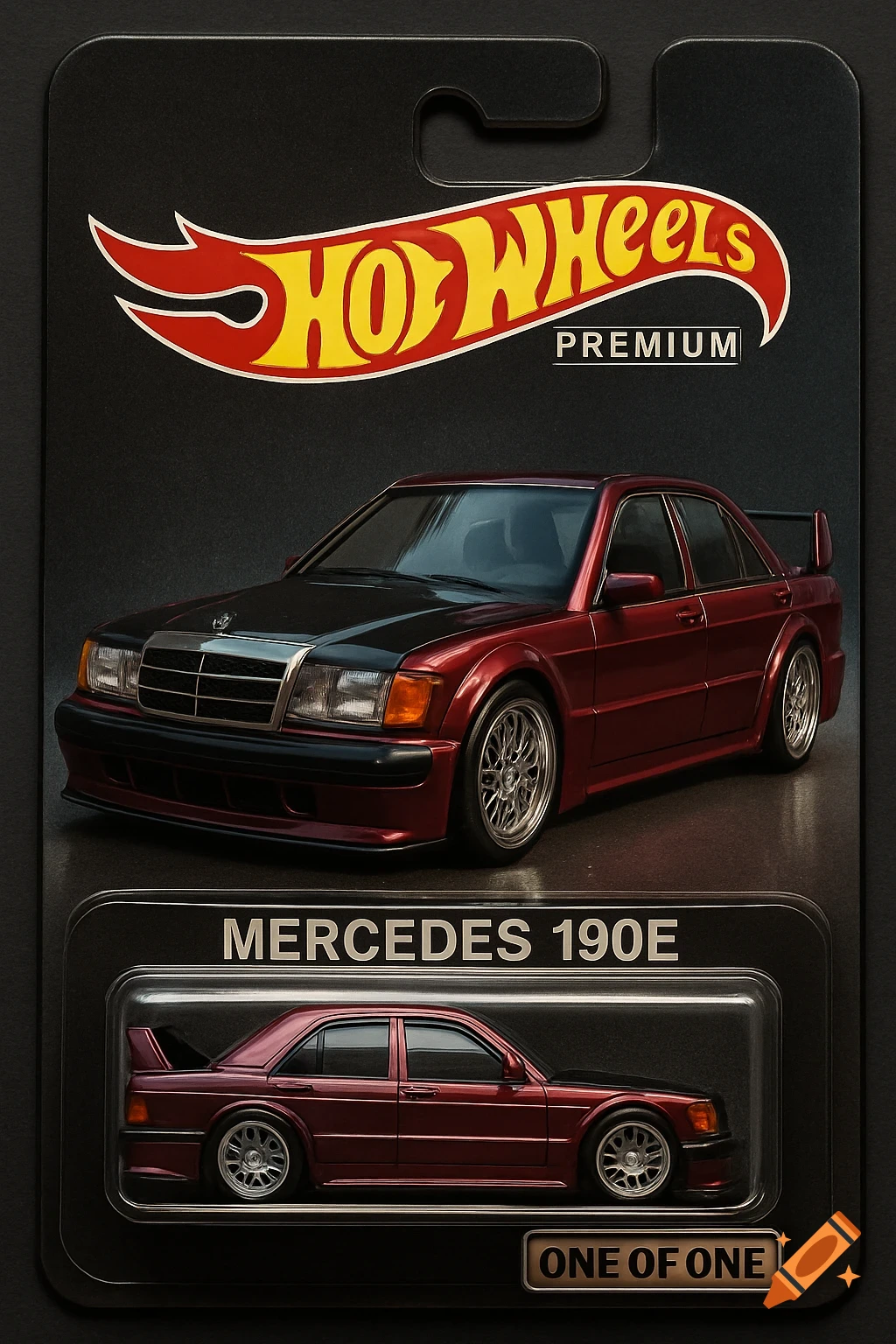 A Hot Wheels Premium blister card featuring a burgundy Mercedes 190E with a black hood and rear wing, displayed above a smaller version in a clear plastic bubble.