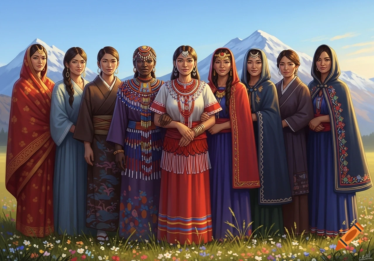 Eight women in colorful traditional clothing stand in a field of wildflowers with snow-capped mountains and a blue sky in the background.