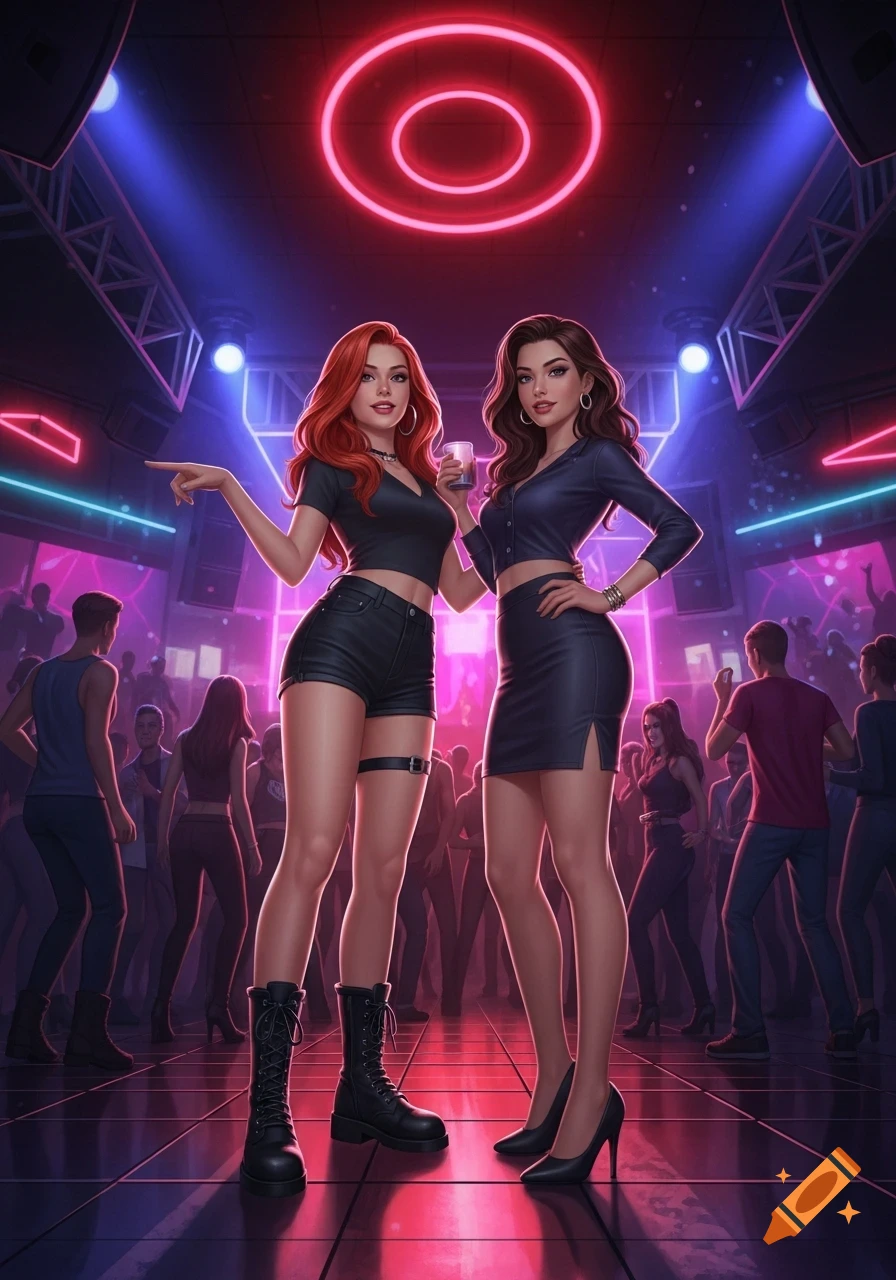 Two stylish women, a redhead in shorts and boots and a brunette in a skirt and heels, stand in a vibrant neon-lit nightclub.