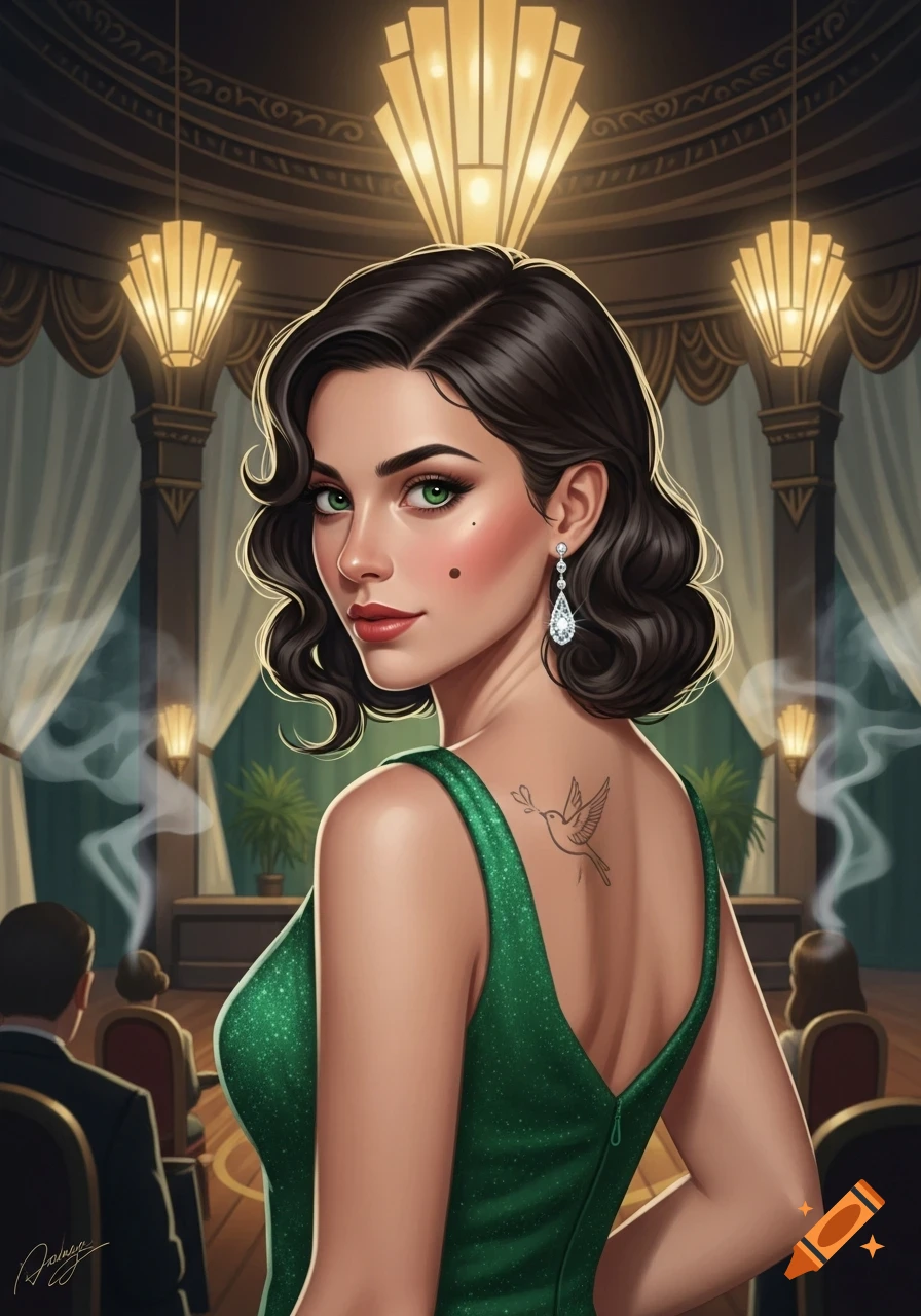 An Art Deco illustration of a woman in an emerald green dress with a bird tattoo, looking over her shoulder.