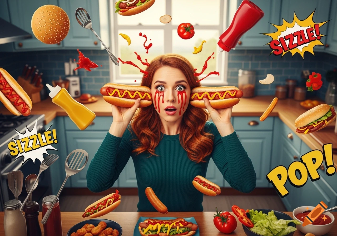 Surreal image of a woman with hotdogs in her ears, ketchup streaming from her eyes, surrounded by flying hotdogs and kitchen items.