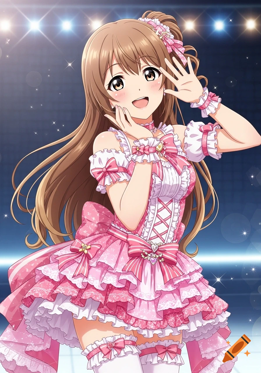 Anime-style idol with long brown hair, wearing a frilly pink outfit with ribbons, smiling and posing on a sparkling stage.