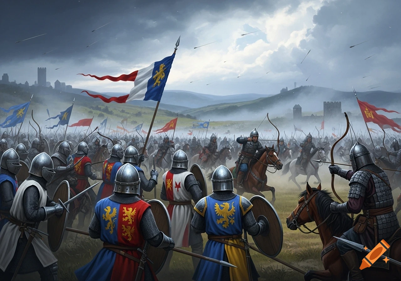 A dramatic painting of a large medieval battle with armored soldiers, horses, archers, and flags on a misty field with castles.