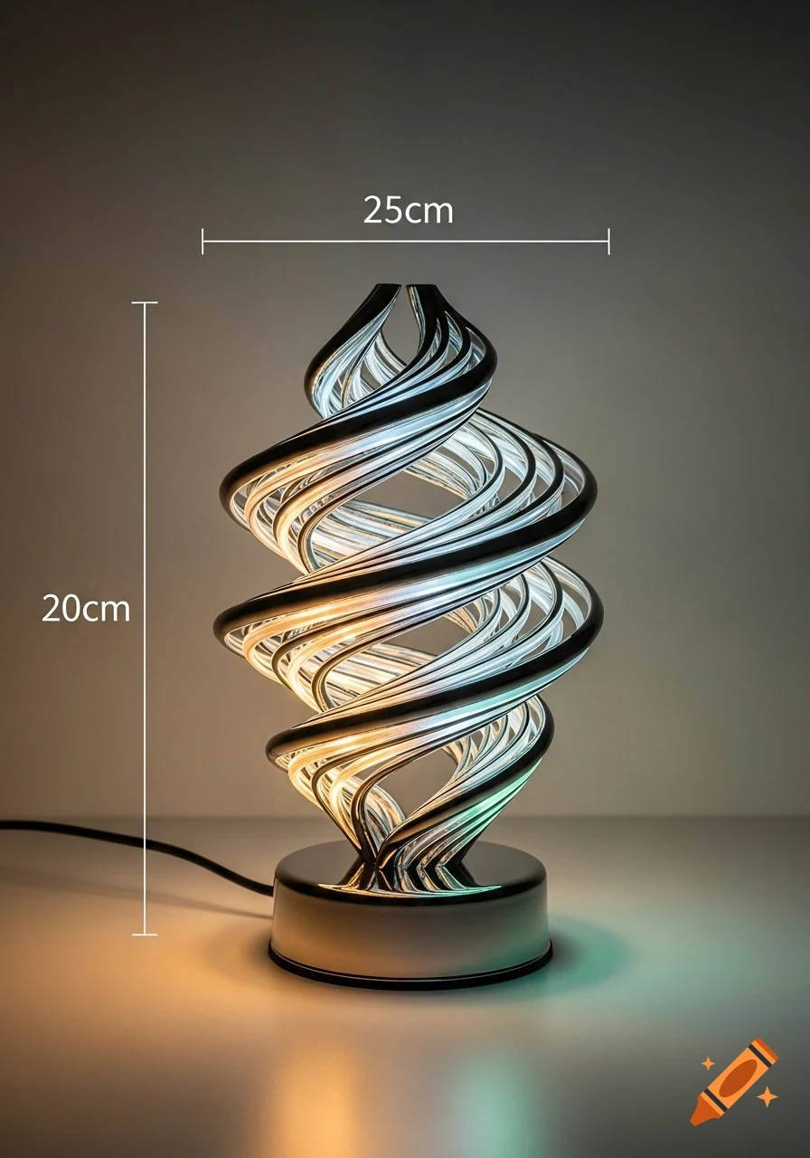 A modern black and white spiral desk lamp with internal color-changing lights, showing 25cm width and 20cm height measurements.