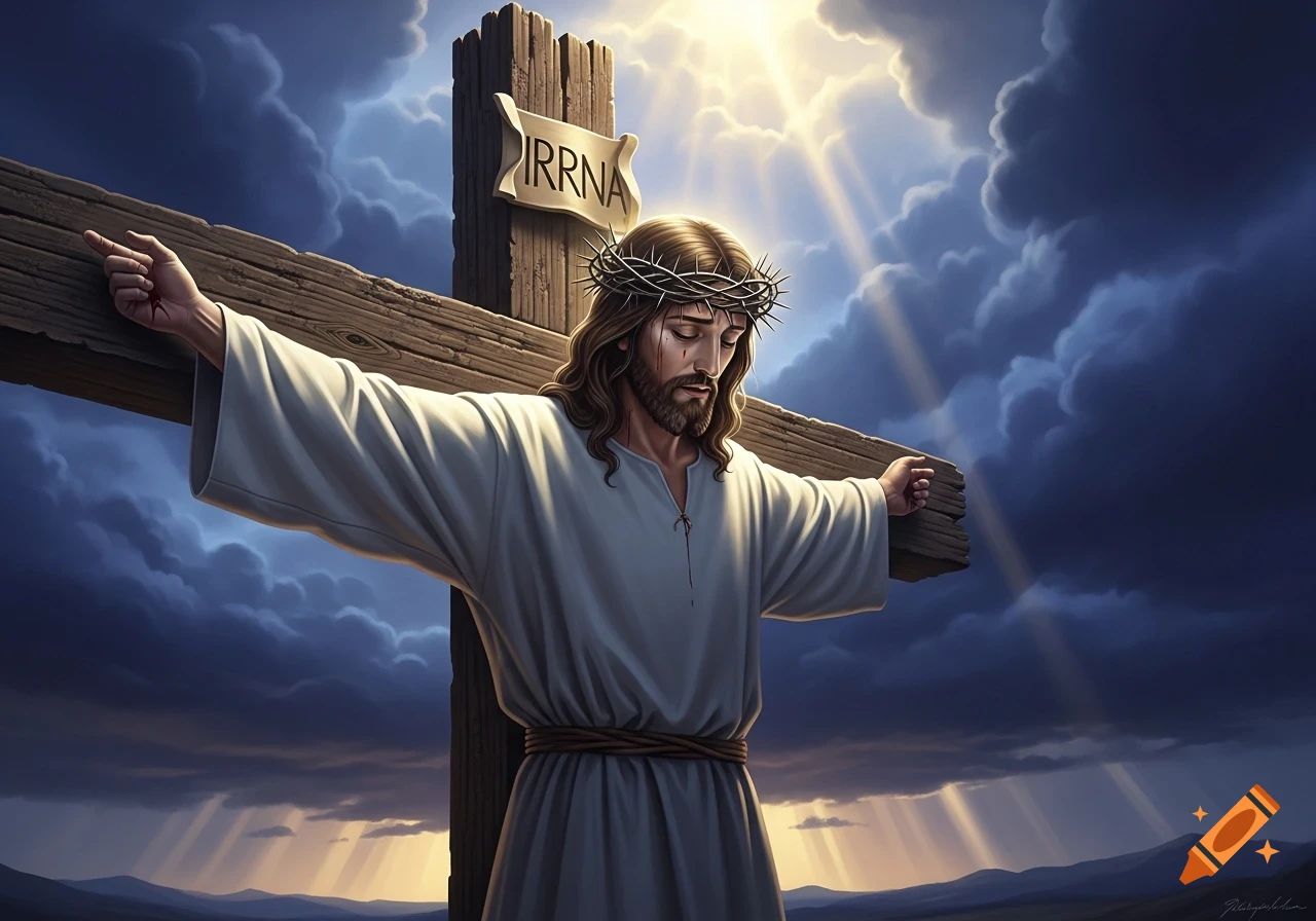 Jesus on a wooden cross, wearing a crown of thorns, with blood visible, against a dramatic sky with sun rays and dark clouds over mountains.