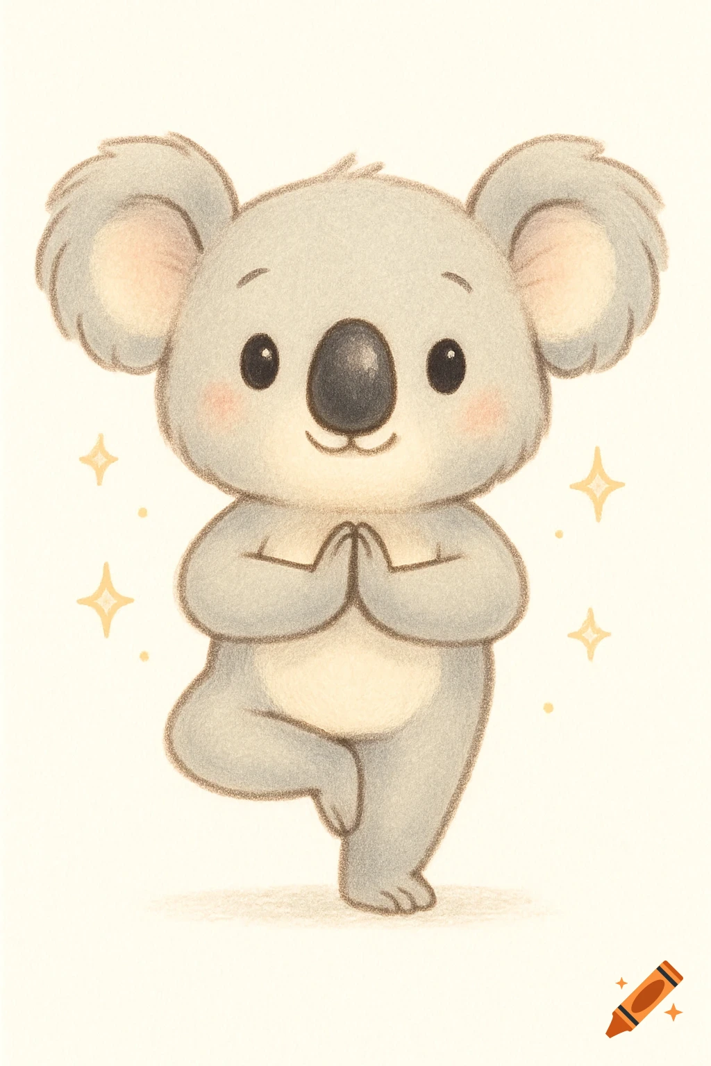 A cute pastel-style koala with big black eyes and nose does a yoga tree pose with hands pressed together, surrounded by small yellow stars, on a white background.