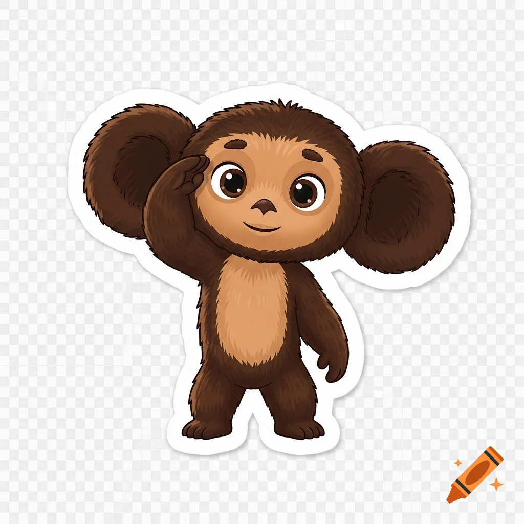 Cartoon sticker of Cheburashka, a brown furry character with large ears, saluting.