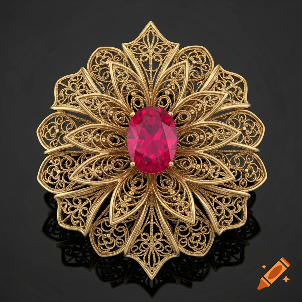 A detailed golden filigree brooch with an oval red ruby at its center, against a dark reflective background.
