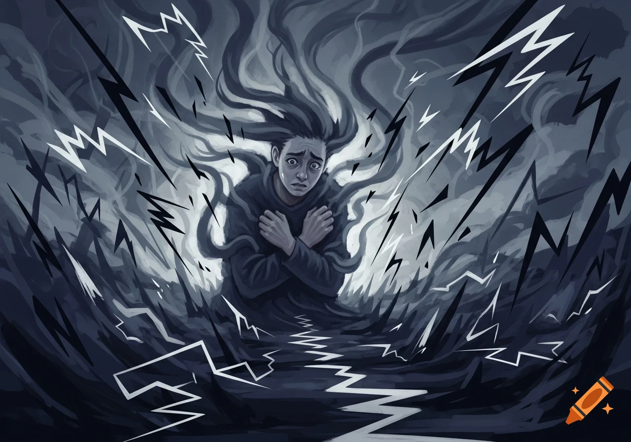 Stylized illustration of a person with wide eyes and crossed arms, overwhelmed by swirling dark energy and jagged white shapes, conveying anxiety.