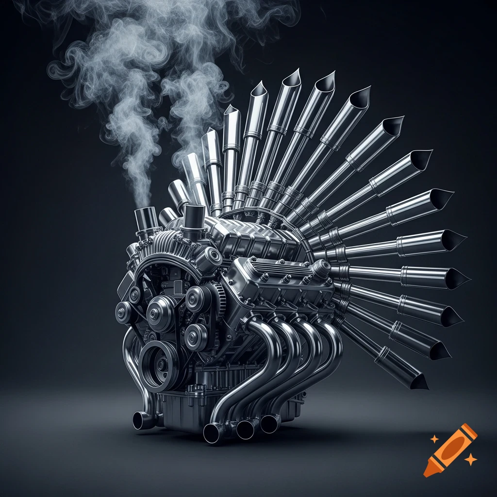 A metallic V8 engine with chrome exhaust pipes fanning out like a headdress, emitting smoke against a dark background.