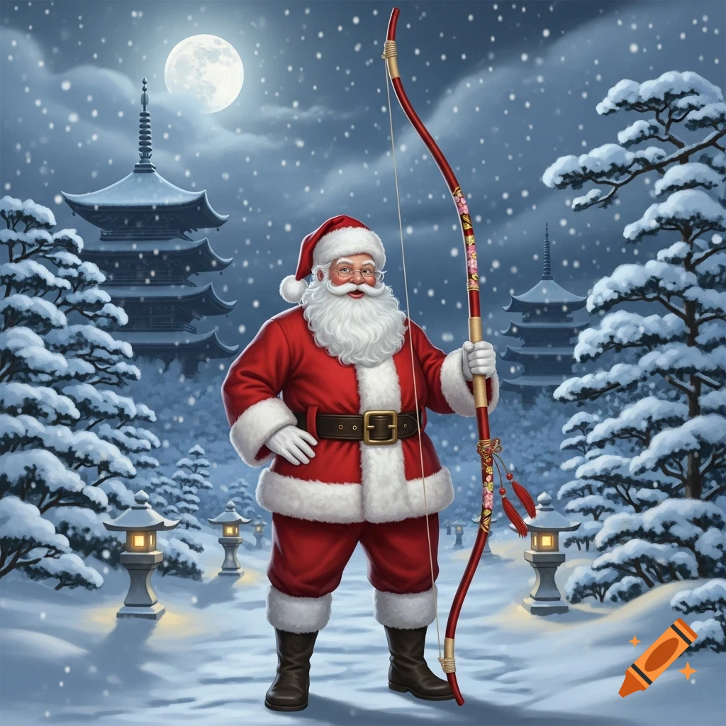 An illustration of Santa Claus holding a Japanese yumi bow in a snowy landscape with pagodas under a full moon.