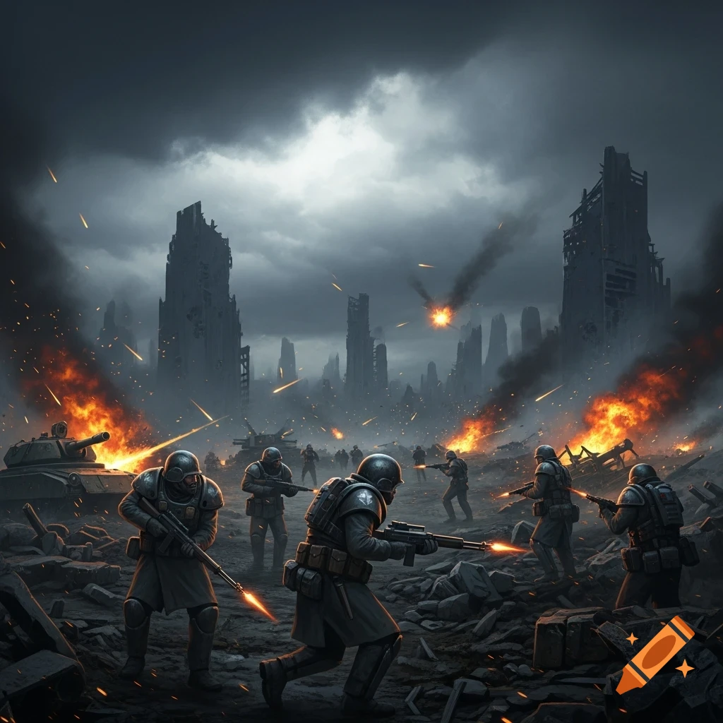 Soldiers engage in battle amidst explosions and debris in a ruined city under a stormy sky, in a gritty digital art style.