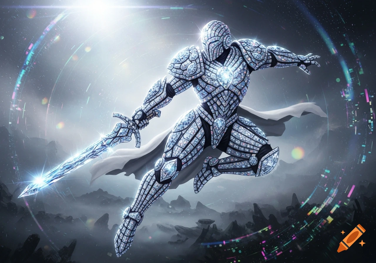 A dazzling diamond and crystal-armored futuristic soldier lunges heroically, wielding a glowing diamond sword against a misty, digital background.